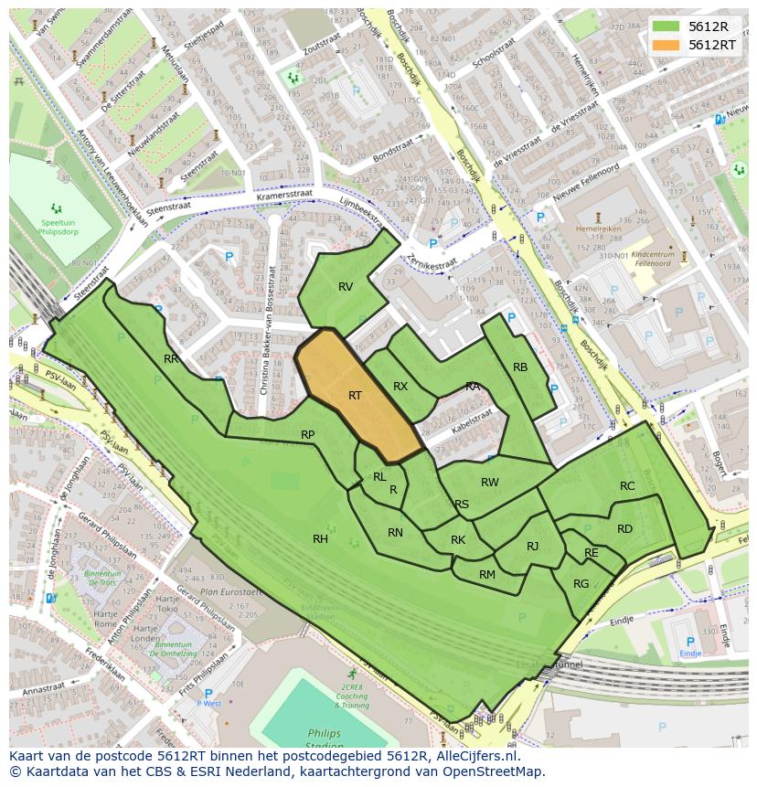 Afbeelding van het postcodegebied 5612 RT op de kaart.