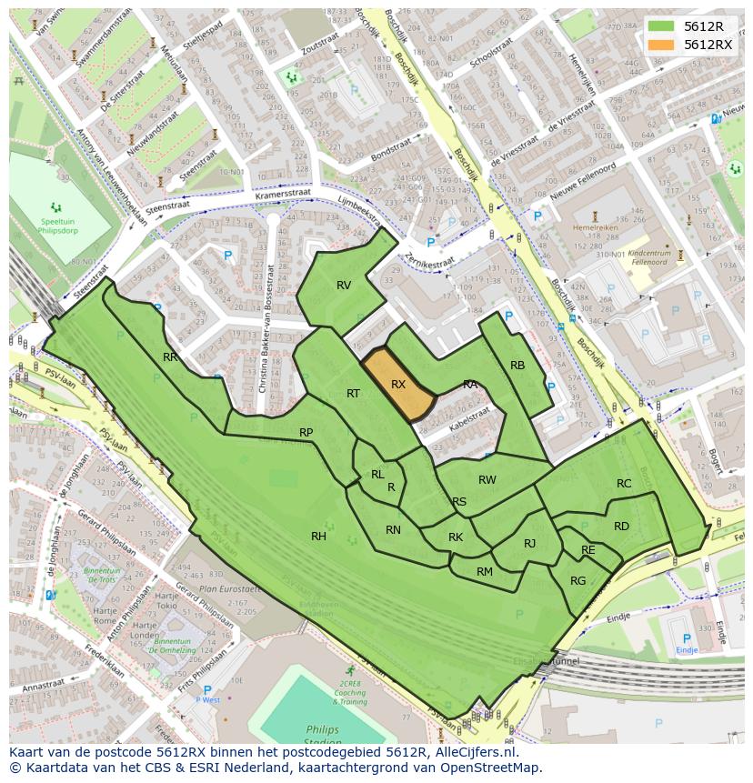 Afbeelding van het postcodegebied 5612 RX op de kaart.