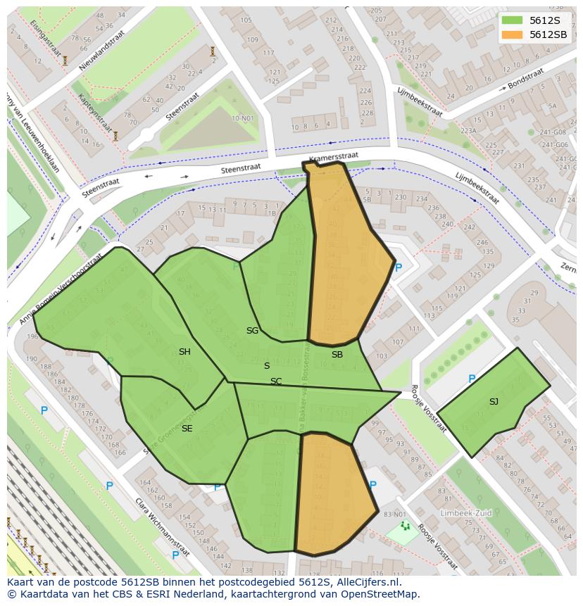 Afbeelding van het postcodegebied 5612 SB op de kaart.