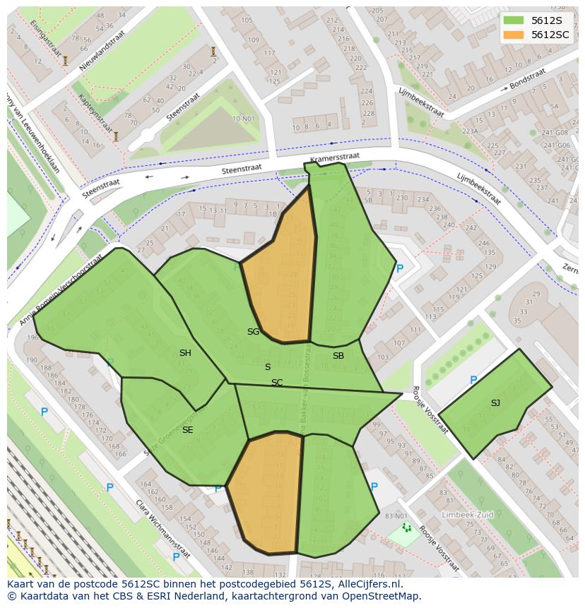 Afbeelding van het postcodegebied 5612 SC op de kaart.