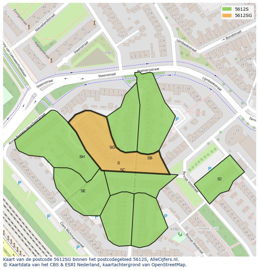 Afbeelding van het postcodegebied 5612 SG op de kaart.