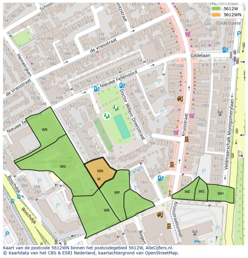 Afbeelding van het postcodegebied 5612 WN op de kaart.
