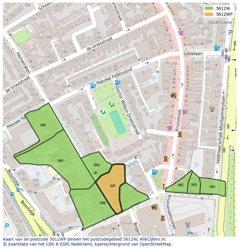 Afbeelding van het postcodegebied 5612 WP op de kaart.