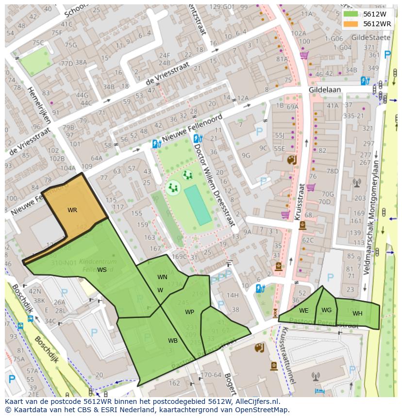 Afbeelding van het postcodegebied 5612 WR op de kaart.