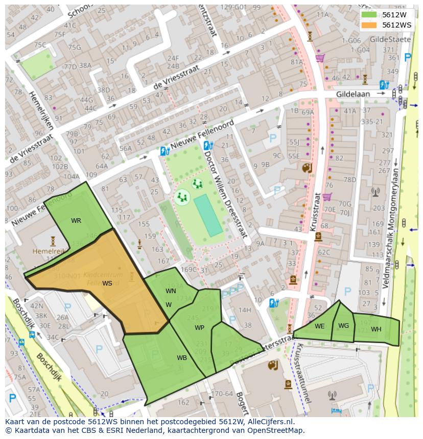 Afbeelding van het postcodegebied 5612 WS op de kaart.