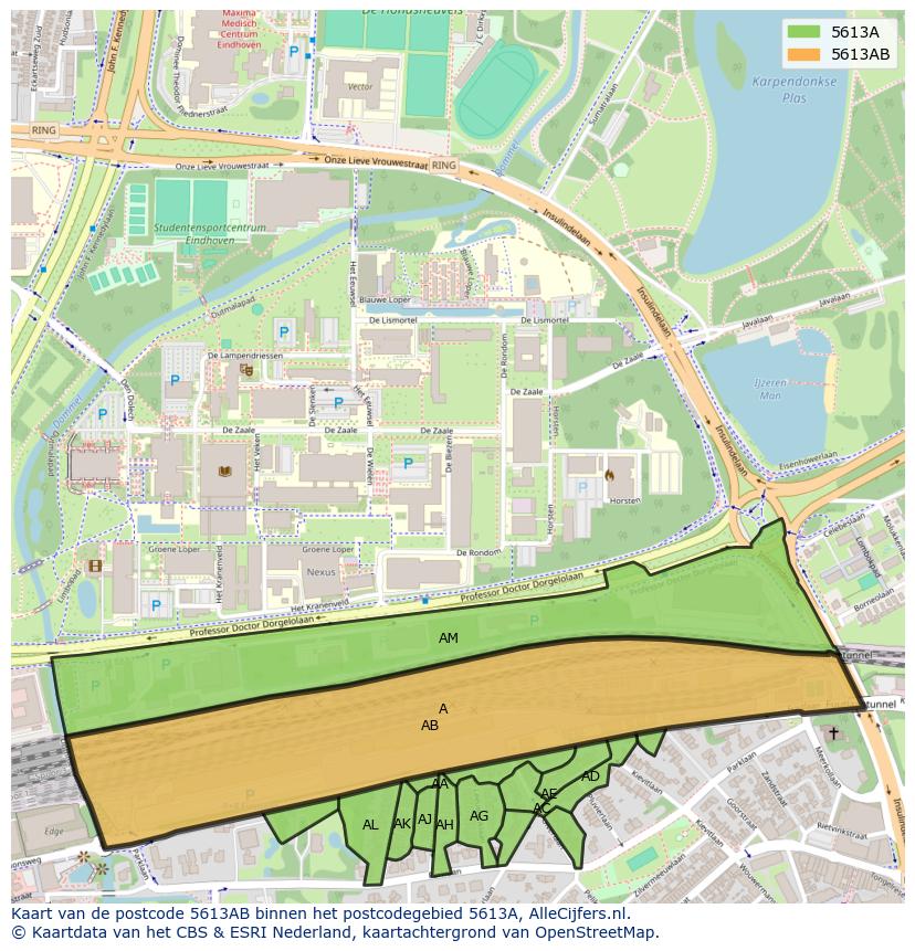 Afbeelding van het postcodegebied 5613 AB op de kaart.