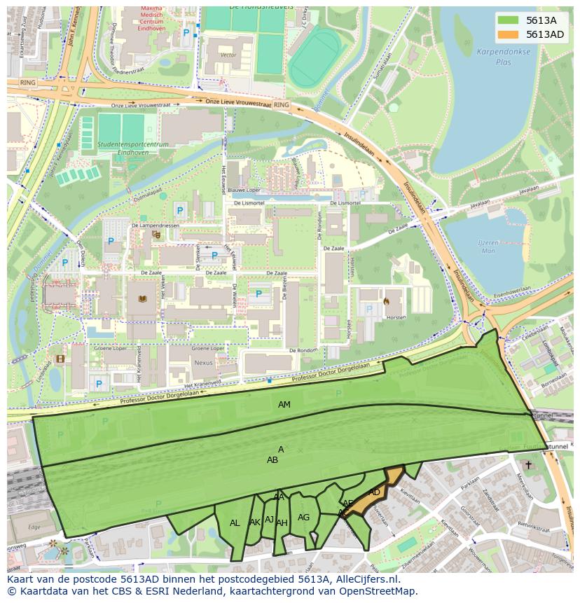 Afbeelding van het postcodegebied 5613 AD op de kaart.