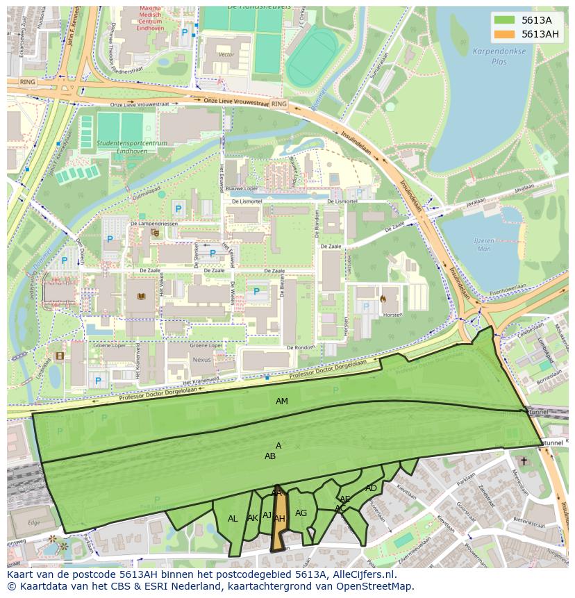 Afbeelding van het postcodegebied 5613 AH op de kaart.