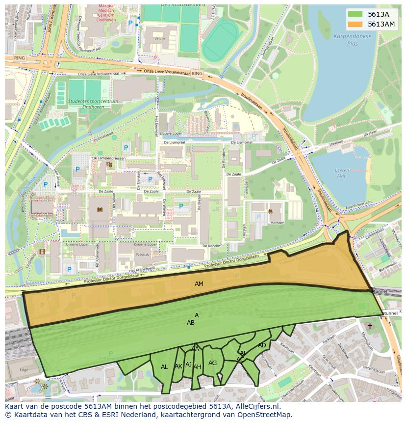 Afbeelding van het postcodegebied 5613 AM op de kaart.
