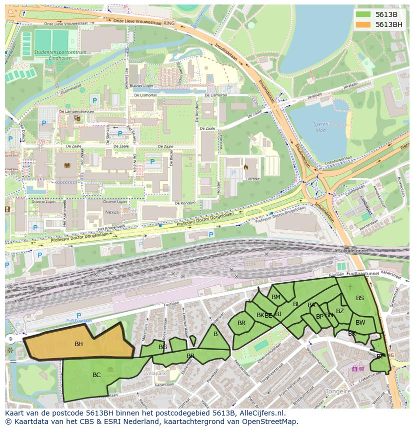 Afbeelding van het postcodegebied 5613 BH op de kaart.
