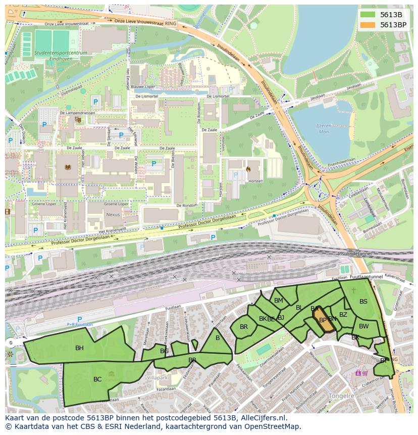 Afbeelding van het postcodegebied 5613 BP op de kaart.