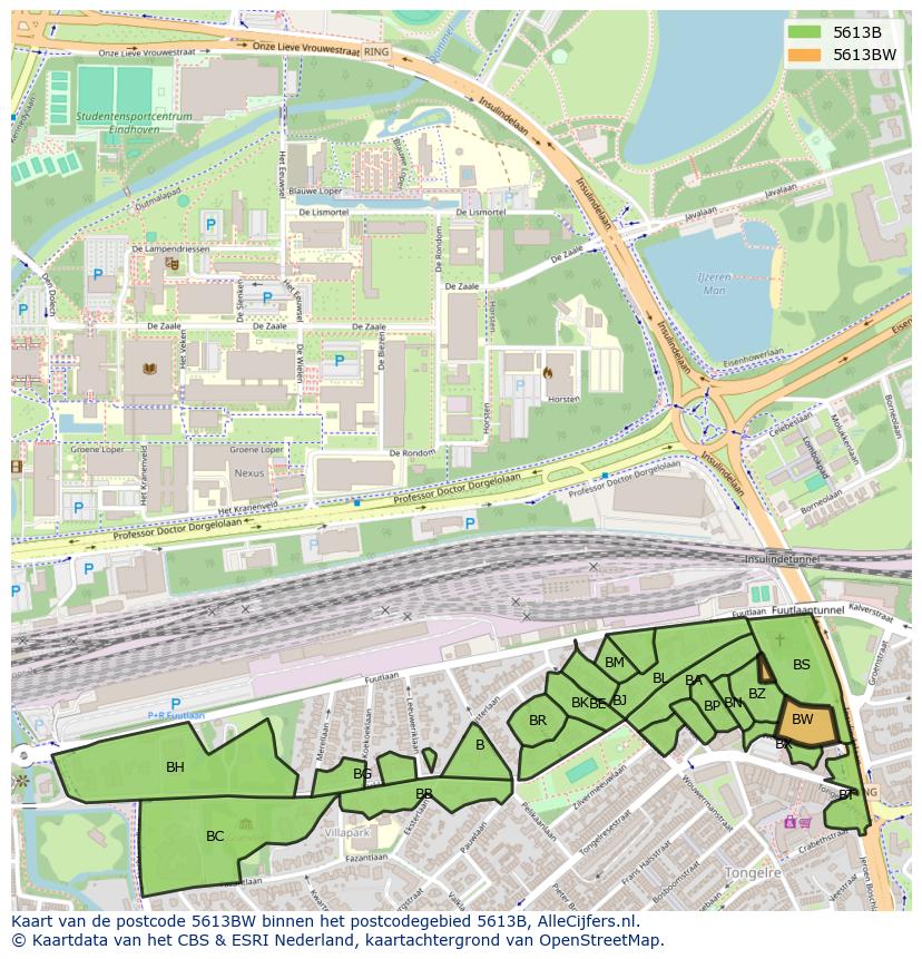 Afbeelding van het postcodegebied 5613 BW op de kaart.