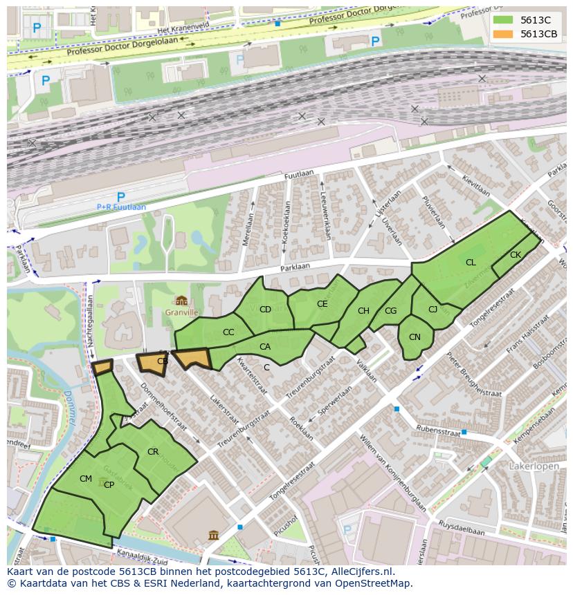 Afbeelding van het postcodegebied 5613 CB op de kaart.