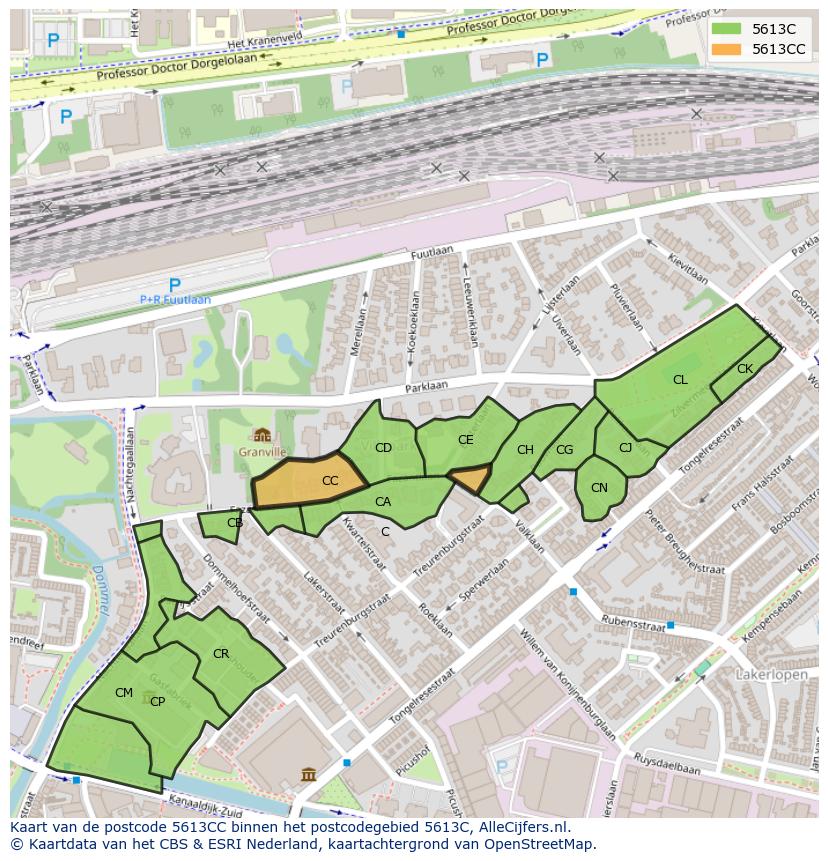 Afbeelding van het postcodegebied 5613 CC op de kaart.