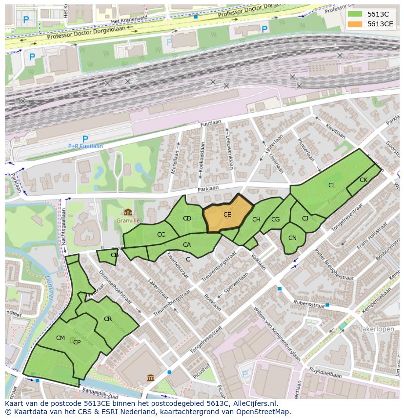 Afbeelding van het postcodegebied 5613 CE op de kaart.