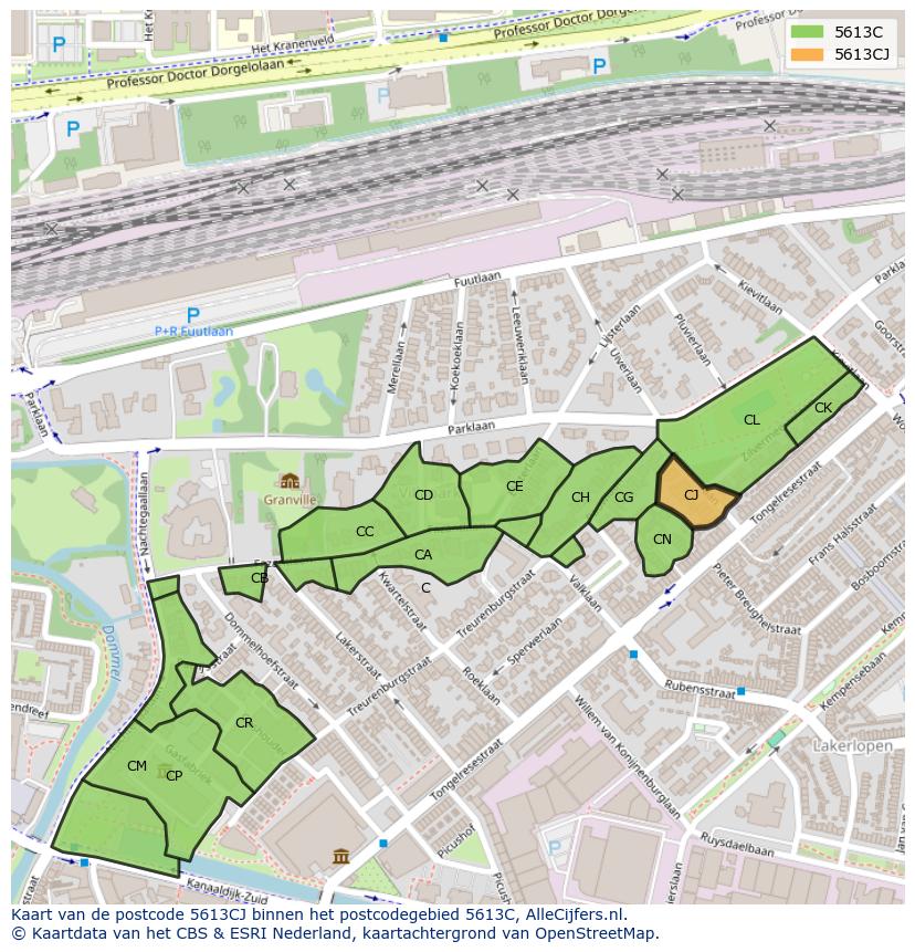 Afbeelding van het postcodegebied 5613 CJ op de kaart.