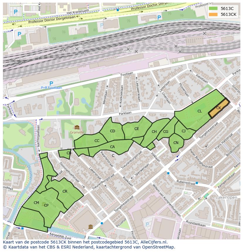 Afbeelding van het postcodegebied 5613 CK op de kaart.
