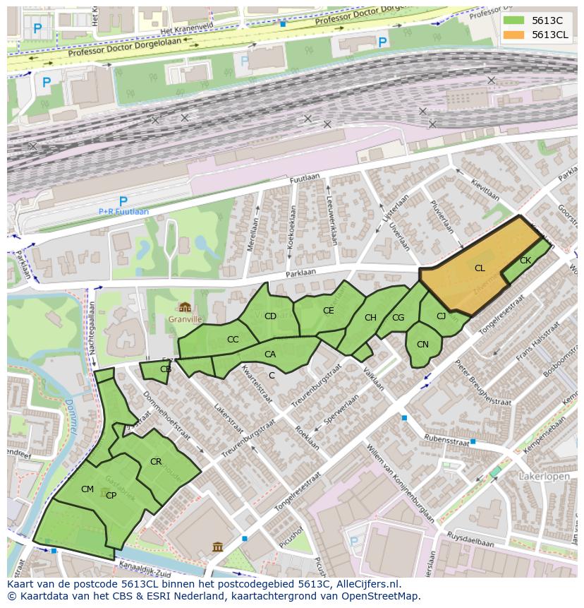 Afbeelding van het postcodegebied 5613 CL op de kaart.