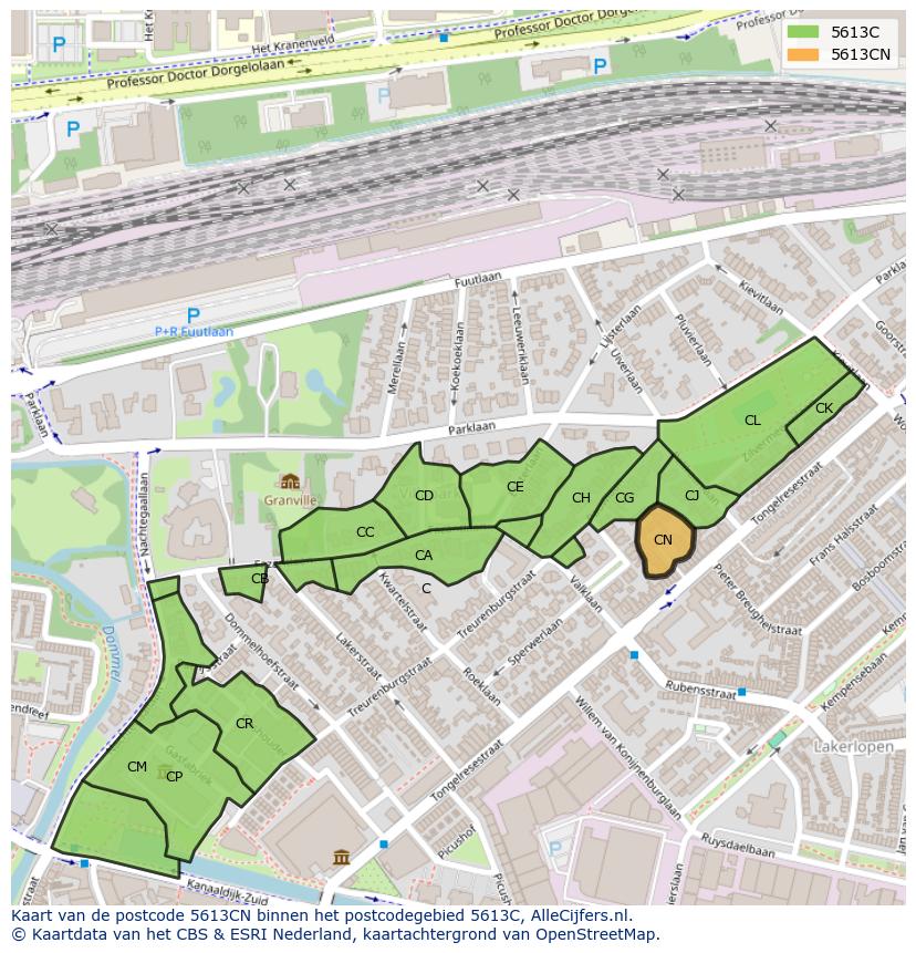 Afbeelding van het postcodegebied 5613 CN op de kaart.