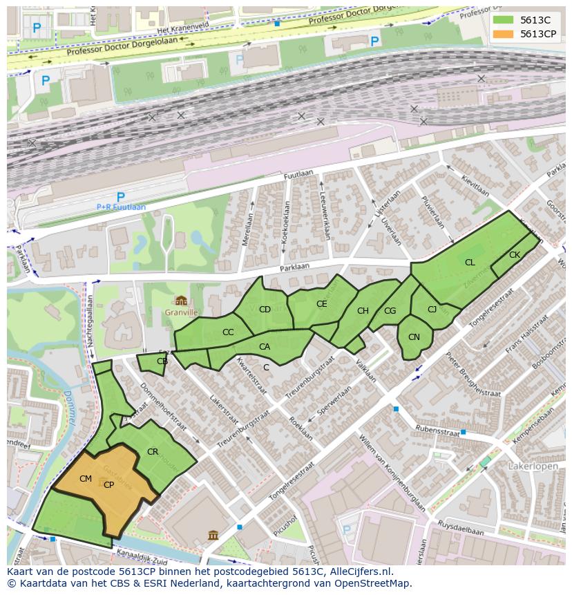 Afbeelding van het postcodegebied 5613 CP op de kaart.