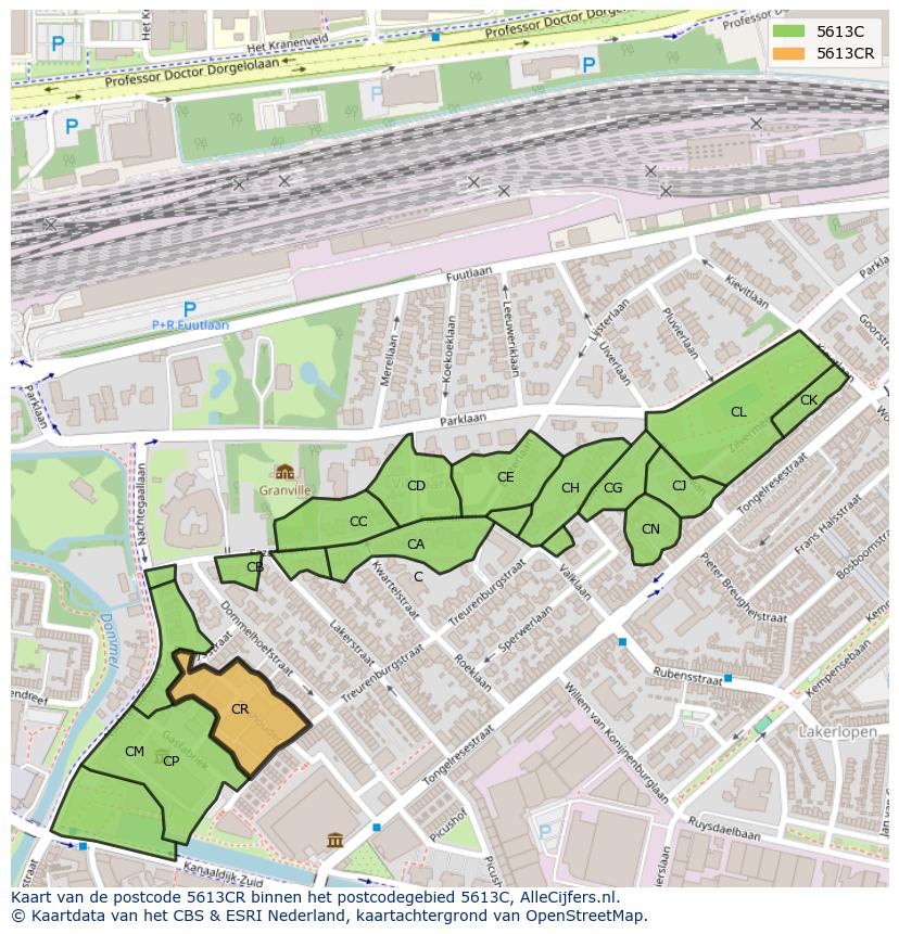 Afbeelding van het postcodegebied 5613 CR op de kaart.