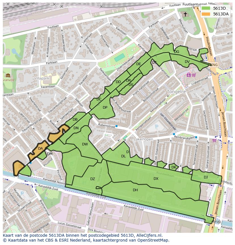 Afbeelding van het postcodegebied 5613 DA op de kaart.