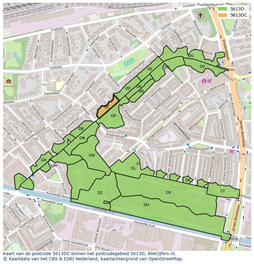 Afbeelding van het postcodegebied 5613 DC op de kaart.