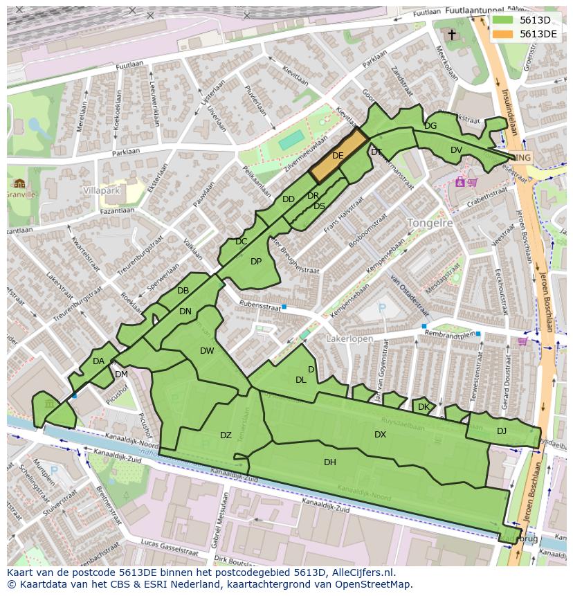 Afbeelding van het postcodegebied 5613 DE op de kaart.
