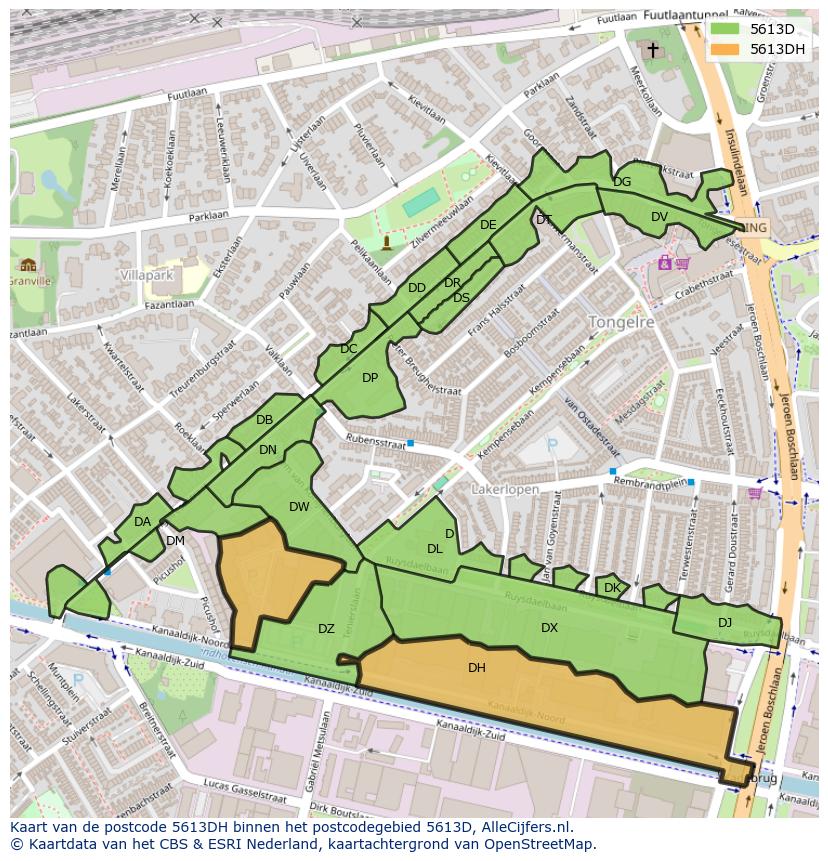 Afbeelding van het postcodegebied 5613 DH op de kaart.