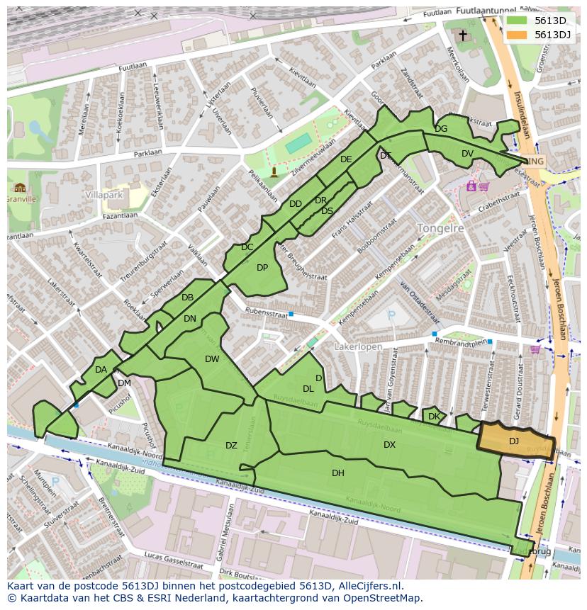 Afbeelding van het postcodegebied 5613 DJ op de kaart.