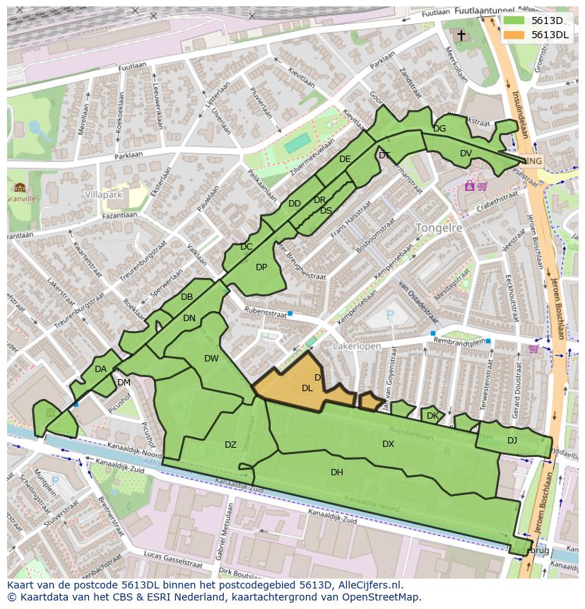 Afbeelding van het postcodegebied 5613 DL op de kaart.