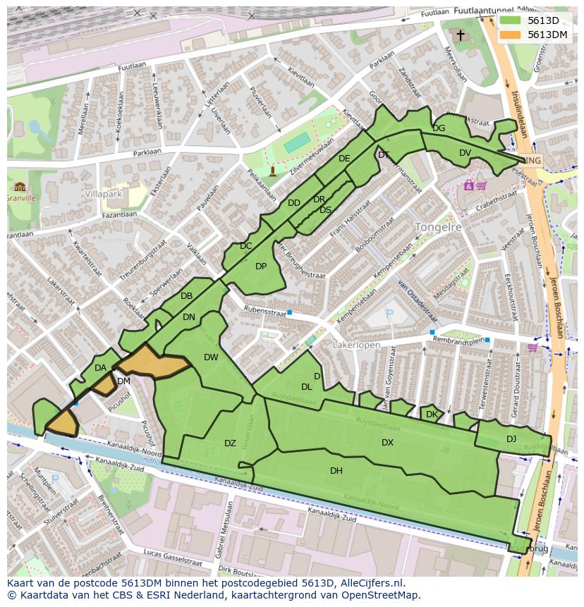 Afbeelding van het postcodegebied 5613 DM op de kaart.