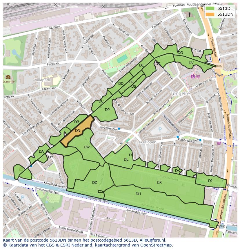 Afbeelding van het postcodegebied 5613 DN op de kaart.
