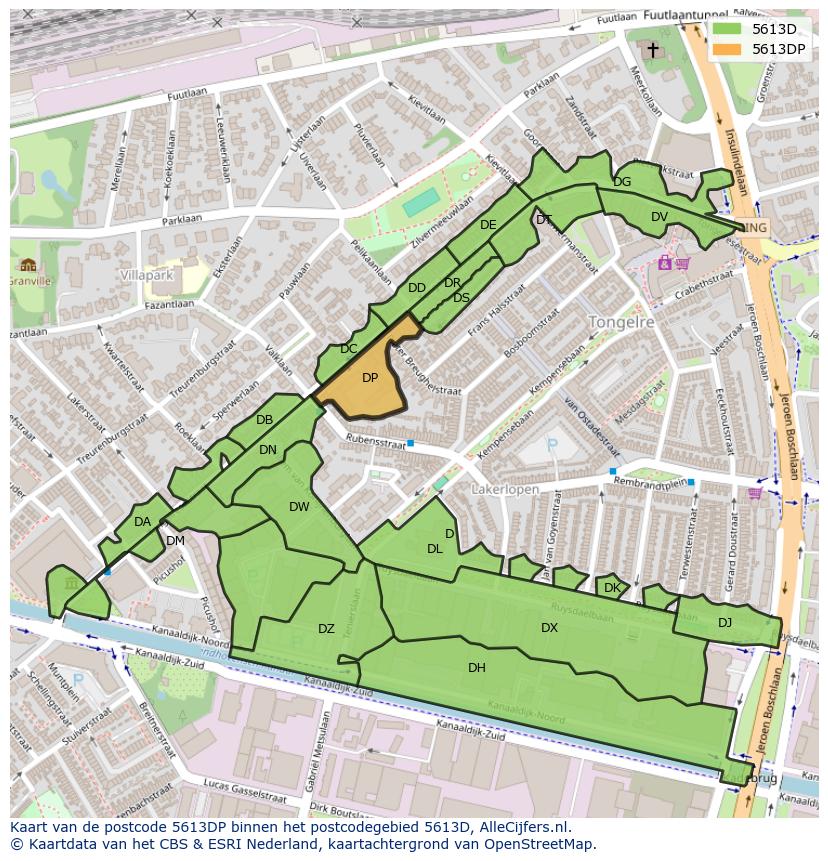 Afbeelding van het postcodegebied 5613 DP op de kaart.