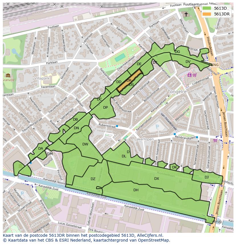 Afbeelding van het postcodegebied 5613 DR op de kaart.