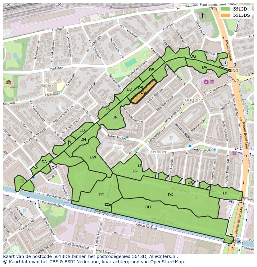 Afbeelding van het postcodegebied 5613 DS op de kaart.