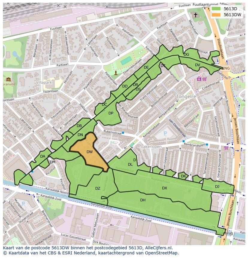 Afbeelding van het postcodegebied 5613 DW op de kaart.