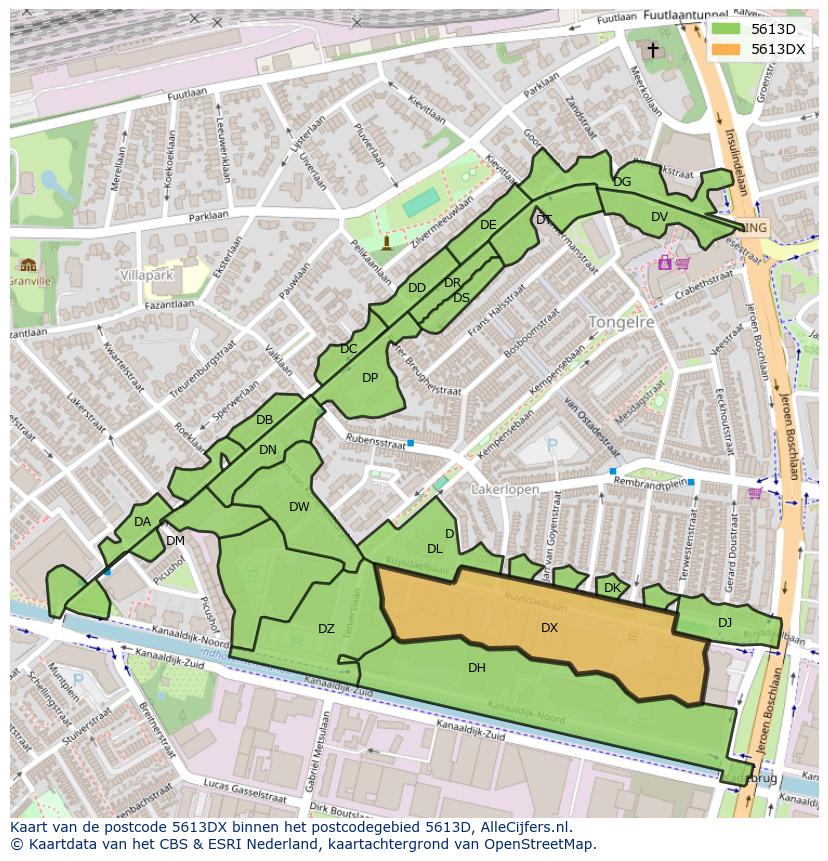 Afbeelding van het postcodegebied 5613 DX op de kaart.