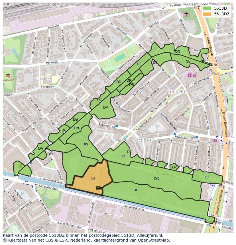 Afbeelding van het postcodegebied 5613 DZ op de kaart.