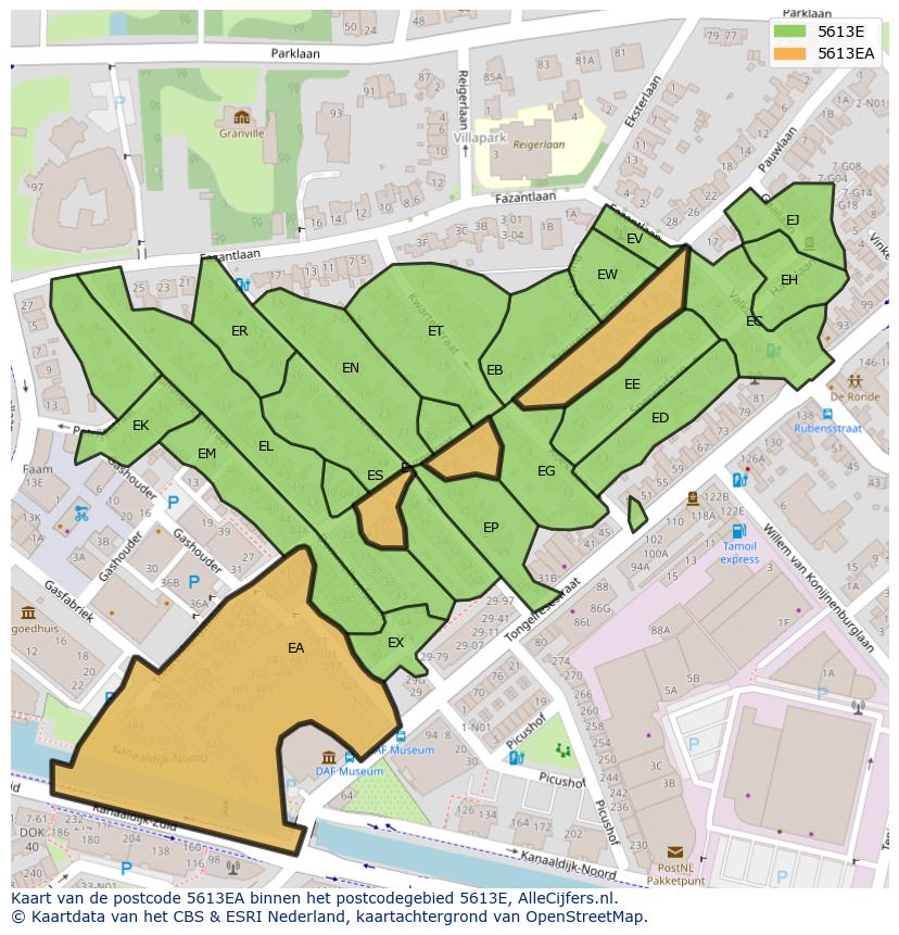 Afbeelding van het postcodegebied 5613 EA op de kaart.