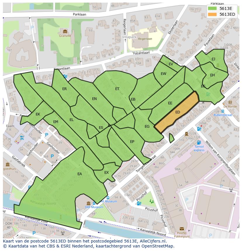 Afbeelding van het postcodegebied 5613 ED op de kaart.