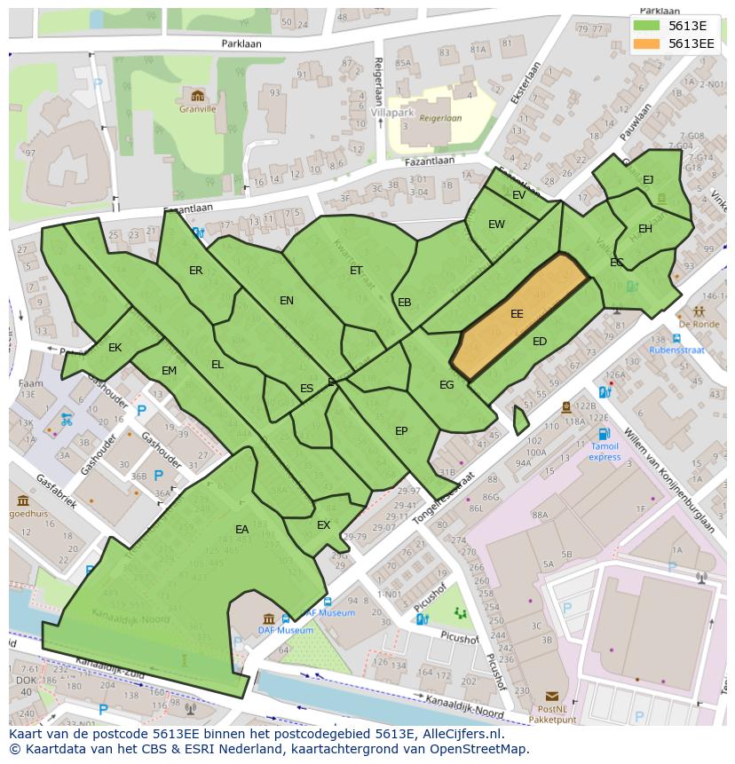 Afbeelding van het postcodegebied 5613 EE op de kaart.
