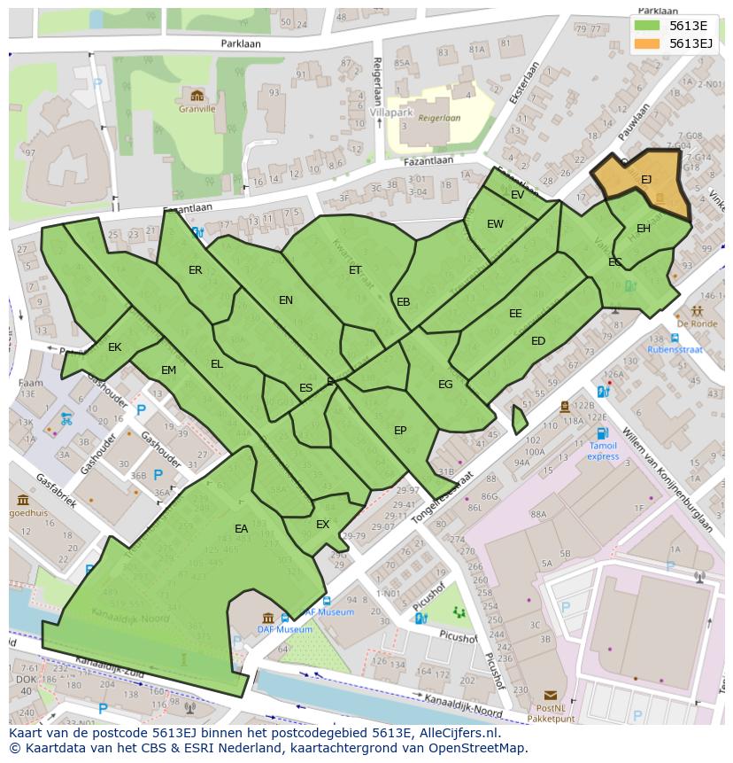 Afbeelding van het postcodegebied 5613 EJ op de kaart.