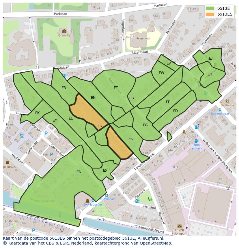 Afbeelding van het postcodegebied 5613 ES op de kaart.