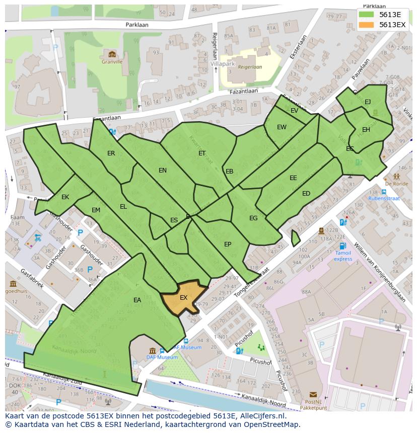 Afbeelding van het postcodegebied 5613 EX op de kaart.