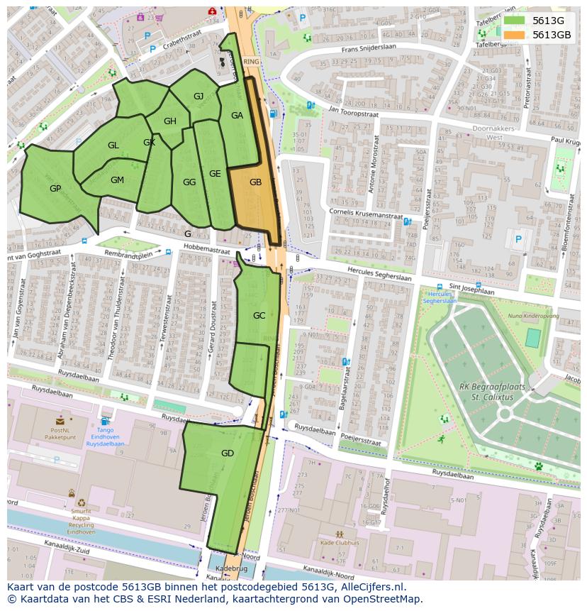 Afbeelding van het postcodegebied 5613 GB op de kaart.