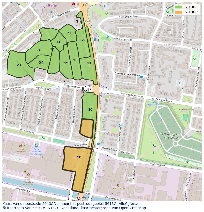 Afbeelding van het postcodegebied 5613 GD op de kaart.