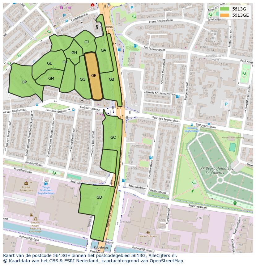 Afbeelding van het postcodegebied 5613 GE op de kaart.