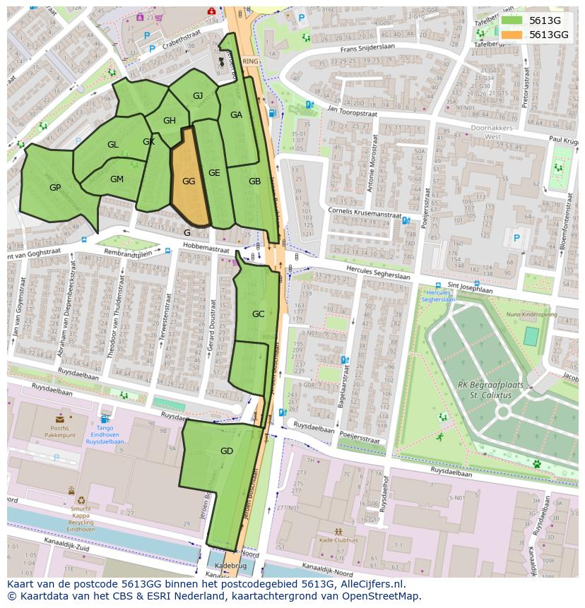 Afbeelding van het postcodegebied 5613 GG op de kaart.