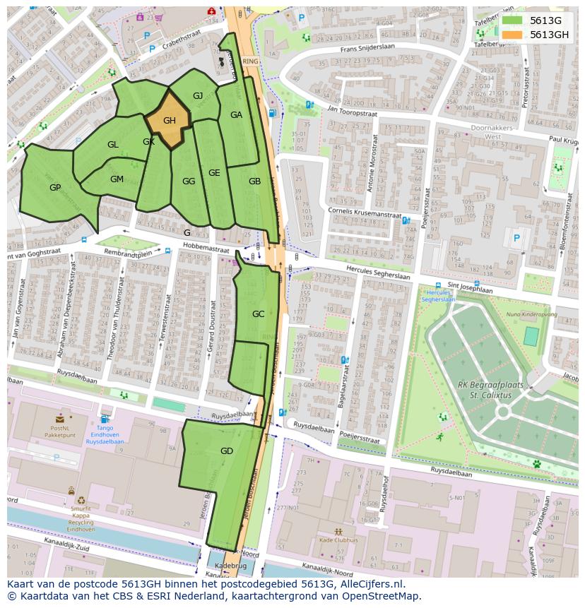 Afbeelding van het postcodegebied 5613 GH op de kaart.